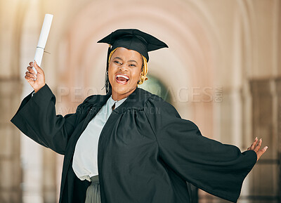 Buy stock photo University student, graduation diploma and black woman celebrate school success, college education or award certificate. Achievement cheers, portrait and African person excited for learning growth