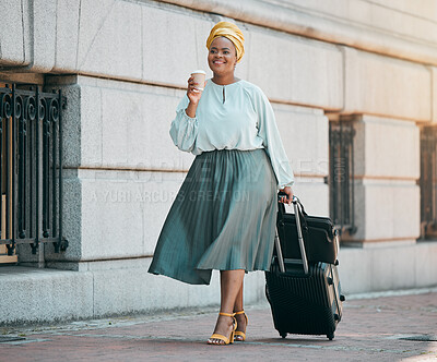 Buy stock photo City, business and black woman with a suitcase, travel and happiness with coffee, international career and opportunity. Female person, ceo and entrepreneur with tea, luggage and walking with success