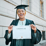 University student, graduation certificate or portrait of black woman excited for school success, college education or degree. Pride, diploma or African student smile for learning achievement in city