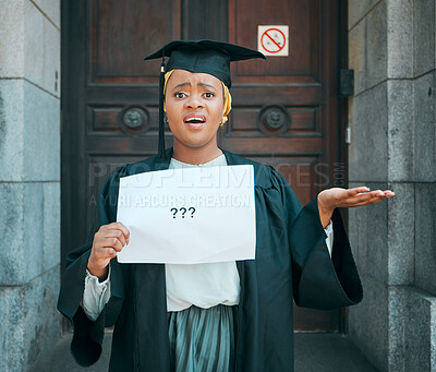 Buy stock photo College student portrait, question mark and black woman confused over education choice, future decision or graduation. Poster, doubt and learning African person unsure about university career path