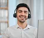 Telemarketing, man and portrait of happy consultant for customer service, tech support and CRM communication. Face of salesman smile with microphone in call center, telecom advisory or FAQ questions
