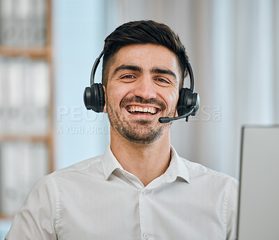 Buy stock photo Telemarketing, man and portrait of happy consultant for customer service, tech support and CRM communication. Face of salesman smile with microphone in call center, telecom advisory or FAQ questions