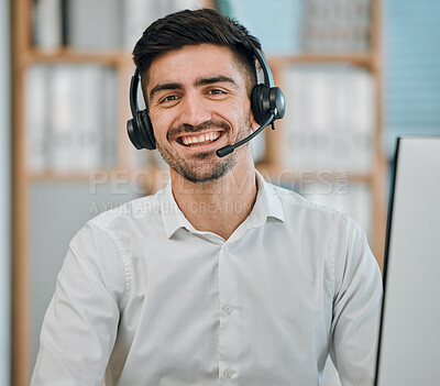 Buy stock photo Consultant, man and portrait of agent in call center for customer service, web contact or CRM communication. Face of happy salesman with microphone in telemarketing, telecom advisory or FAQ questions