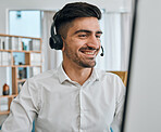 Call center, man or happy consultant at computer for customer service, technical support or CRM consulting. Salesman, agent and telemarketing advisory at desktop for telecom, contact or FAQ questions