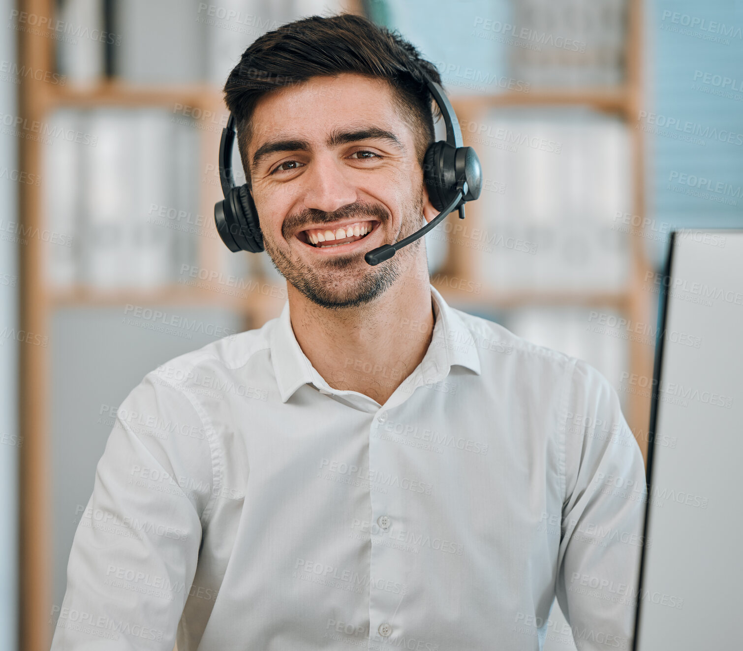 Buy stock photo Consultant, happy man and portrait of agent in call center for customer service, lead generation or CRM support. Face of salesman with microphone for telemarketing, telecom advisory or FAQ questions