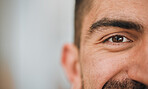 Happy, eyes and half portrait of man in office for career goals, vision and professional company. Startup, business and face closeup of male worker with smile for advertising, mockup and copy space