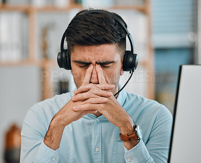 Buy stock photo Stress, call center and headache of man in customer service agency with pain, burnout or anxiety. Face, frustrated and tired salesman consulting with challenge, client problem and fatigue for mistake