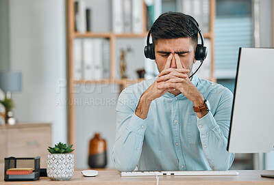 Buy stock photo Stress, call center or headache of man at computer, telemarketing agency and fail in pain, burnout or anxiety. Frustrated, sad or tired salesman in challenge, client problem and crisis of CRM mistake