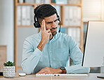 Stress, call center or man angry at computer, telemarketing agency and fail with headache, frustrated error or 404 glitch. Confused salesman at pc with challenge, client account problem or CRM crisis