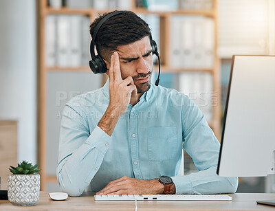 Buy stock photo Stress, call center or man angry at computer, telemarketing agency and fail with headache, frustrated error or 404 glitch. Confused salesman at pc with challenge, client account problem or CRM crisis