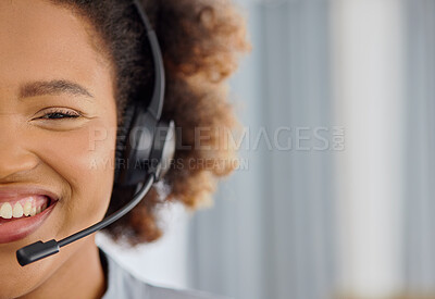 Buy stock photo Call center, smile and portrait of woman with mockup in office, sales and telemarketing in headset. Crm consulting,  networking and happy face of virtual assistant, customer service agent or advisor.