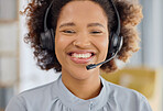 Call center, crm and portrait of happy woman in office, sales and telemarketing in headset at help desk. Consulting, networking and happy face of virtual assistant, customer service agent or advisor