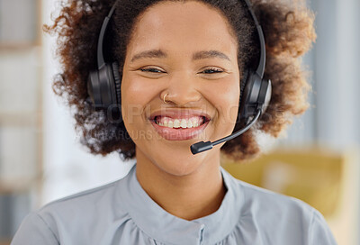 Buy stock photo Call center, crm and portrait of happy woman in office, sales and telemarketing in headset at help desk. Consulting, networking and happy face of virtual assistant, customer service agent or advisor