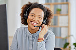 Call center, crm and happy woman at help desk office, sales and telemarketing with headset for talking. Consulting, communication and face of virtual assistant, customer service agent or care advisor