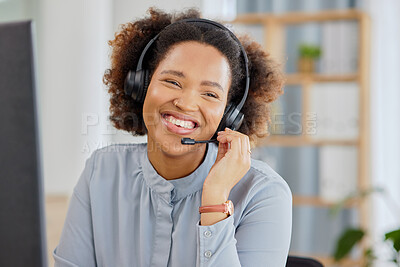 Buy stock photo Call center, crm and happy woman at help desk office, sales and telemarketing with headset for talking. Consulting, communication and face of virtual assistant, customer service agent or care advisor