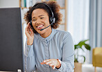 Call center, conversation and happy woman in office, sales and telemarketing with headset at help desk. Crm consulting, networking and face of virtual assistant, customer service agent or advisor.