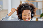 Fist, celebration and call center success for black woman in office consulting for crm, about us or customer service with good news. Telemarketing, sale and happy female consultant excited for target