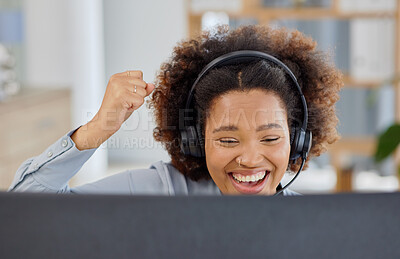 Buy stock photo Fist, celebration and call center success for black woman in office consulting for crm, about us or customer service with good news. Telemarketing, sale and happy female consultant excited for target