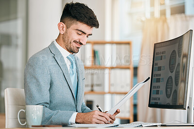 Buy stock photo Writing, planning and business man on computer screen, documents and marketing schedule, infographics or data. Notes, online website and professional person with paperwork for social media management