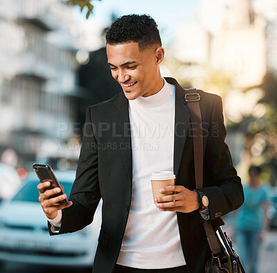Buy stock photo Business man, phone and text in a city with social network and smile in the morning with commute. Happy, mobile networking and online app search with coffee and travel on urban street with typing