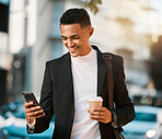 Business man, phone and texting in a city with social network and smile in the morning with commute. Happy, mobile networking and online app search with coffee and travel on urban street with typing