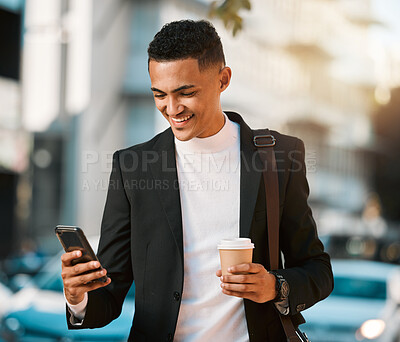 Buy stock photo Business man, phone and texting in a city with social network and smile in the morning with commute. Happy, mobile networking and online app search with coffee and travel on urban street with typing