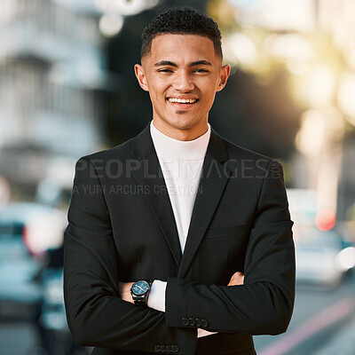 Buy stock photo Crossed arms, happy and portrait of business man for positive mindset, startup goals and commute. Travel, professional job and face of male entrepreneur in urban town for career, working and success