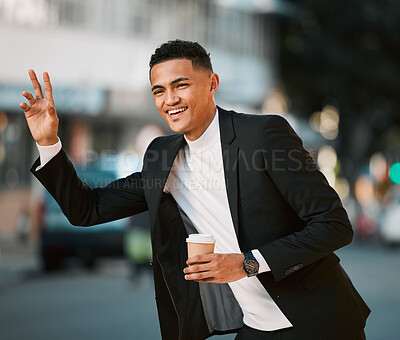 Buy stock photo Business man, wave and taxi in street, traffic and city for transport, travel and coffee in legal career. Corporate lawyer, happy and outdoor on sidewalk to stop bus, chauffeur and car in metro road