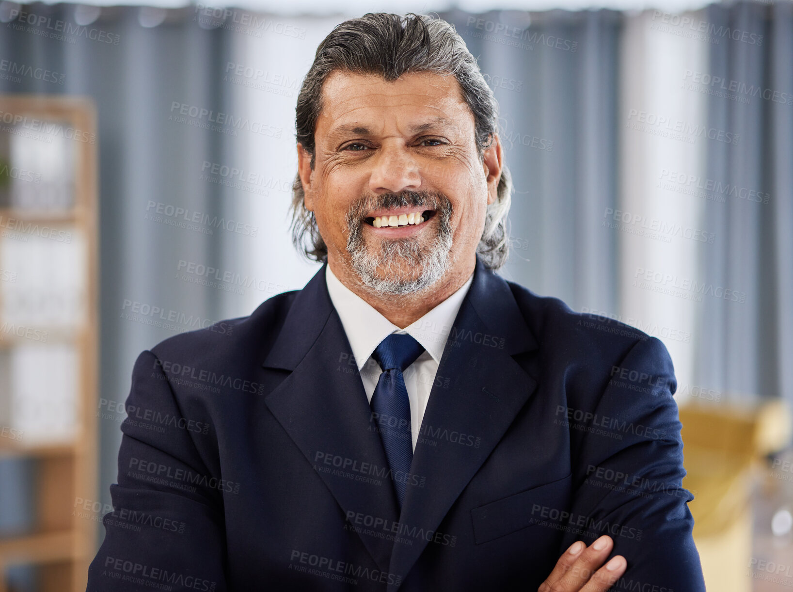 Buy stock photo Happy man, portrait and senior manager with arms crossed at law firm, lawyer in office and leader in government. Judge, attorney or businessman with smile, confidence and experience in pride at job.