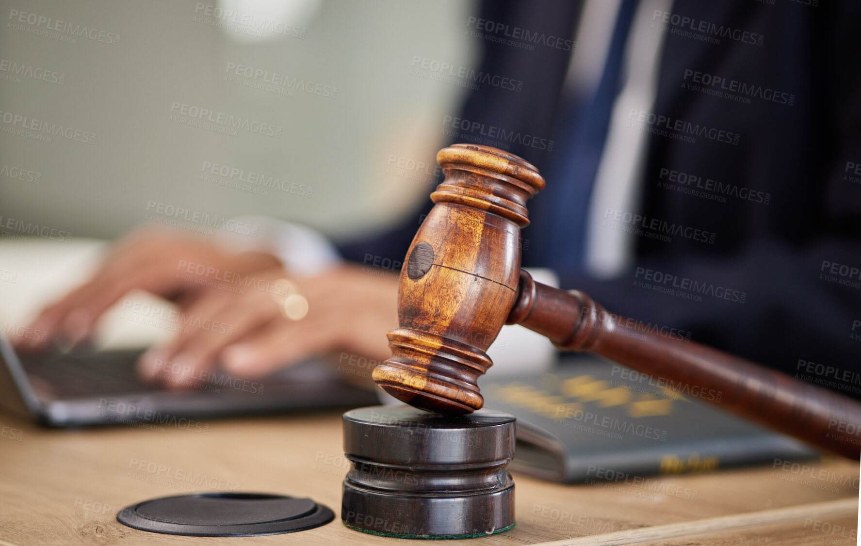 Buy stock photo Judge, hammer and man hands on laptop for legal research, typing report and compliance, justice or contract management. Attorney, advocate or lawyer person on computer and gavel for article or rules