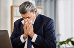 Business, sick and senior man sneeze, tissue or allergy with bacteria, flu season or disease. Male person, lawyer or employee with allergies, risk of health problem or influenza or fever in an office