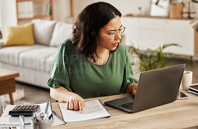 Buy stock photo Finance, documents and woman with laptop in home office for debt budget, taxes and remote work. Freelance, accounting and female online for savings, review or analysis, development or business growth