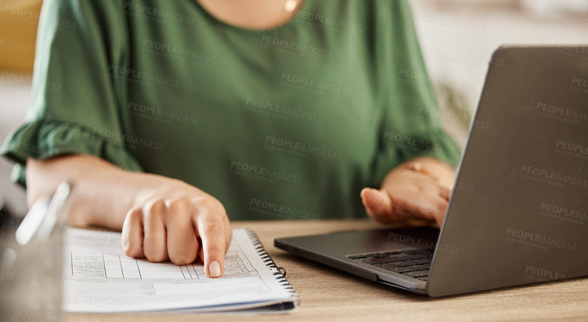 Buy stock photo Home budget, hands and finance check at laptop for bills and schedule planning at home. Computer, information and notebook with a person reading student loan and tax research for money management