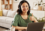 Remote work, portrait and woman with thumbs up at home with laptop and success from job. Crm worker, female person and computer in house with smile from digital telemarketing at desk with motivation