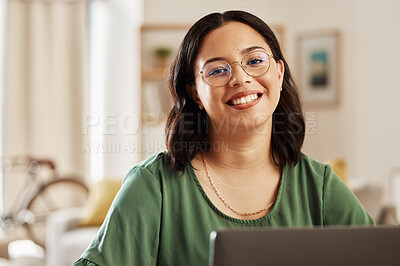 Buy stock photo Remote work, portrait and happy woman at home with laptop and online learning for job. Blog worker, female person and computer in house with a smile from digital web copywriter at desk in living room