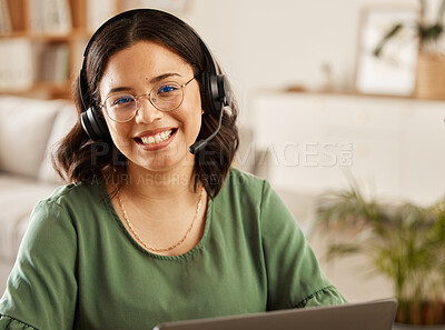 Buy stock photo Remote work, portrait and woman for online meeting at home with laptop and online job. Headphones, female person and computer in a house with a smile from digital web blogger at desk in living room