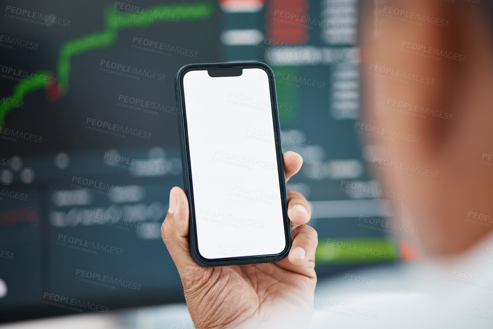 Buy stock photo Mockup phone screen, person hands or stock market results, graphic or financial economy feedback, trading news or report. Closeup cellphone, invest or trader reading finance income, revenue or profit