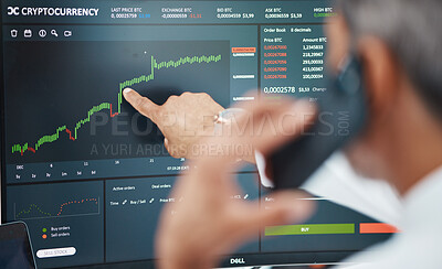 Buy stock photo Phone call, man and computer screen for cryptocurrency, stock market and finance. Smartphone, trading and person with chart, statistics or analytics for investment growth, blockchain or communication