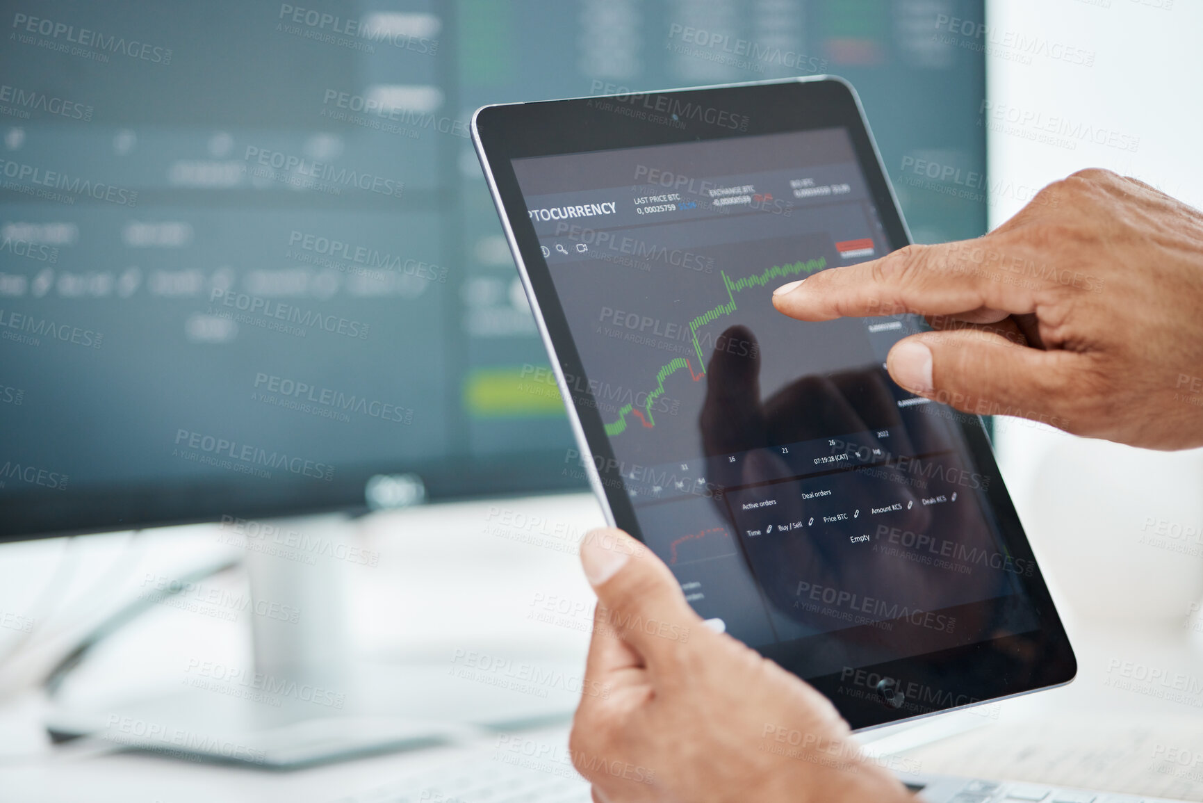 Buy stock photo Tablet screen, stock market and hands of man in office for investment graph, cryptocurrency and finance. Digital, technology and research with closeup of person for economy, analytics or trading