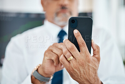 Buy stock photo Networking cellphone, hands and business man typing, scroll or search online database, texting or contact user. Closeup smartphone connection, application and professional person check research info 