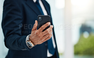 Buy stock photo Phone, hands and business person communication, reading or search online website, social media or contact app user. Closeup cellphone, networking and corporate employee check email, schedule or news