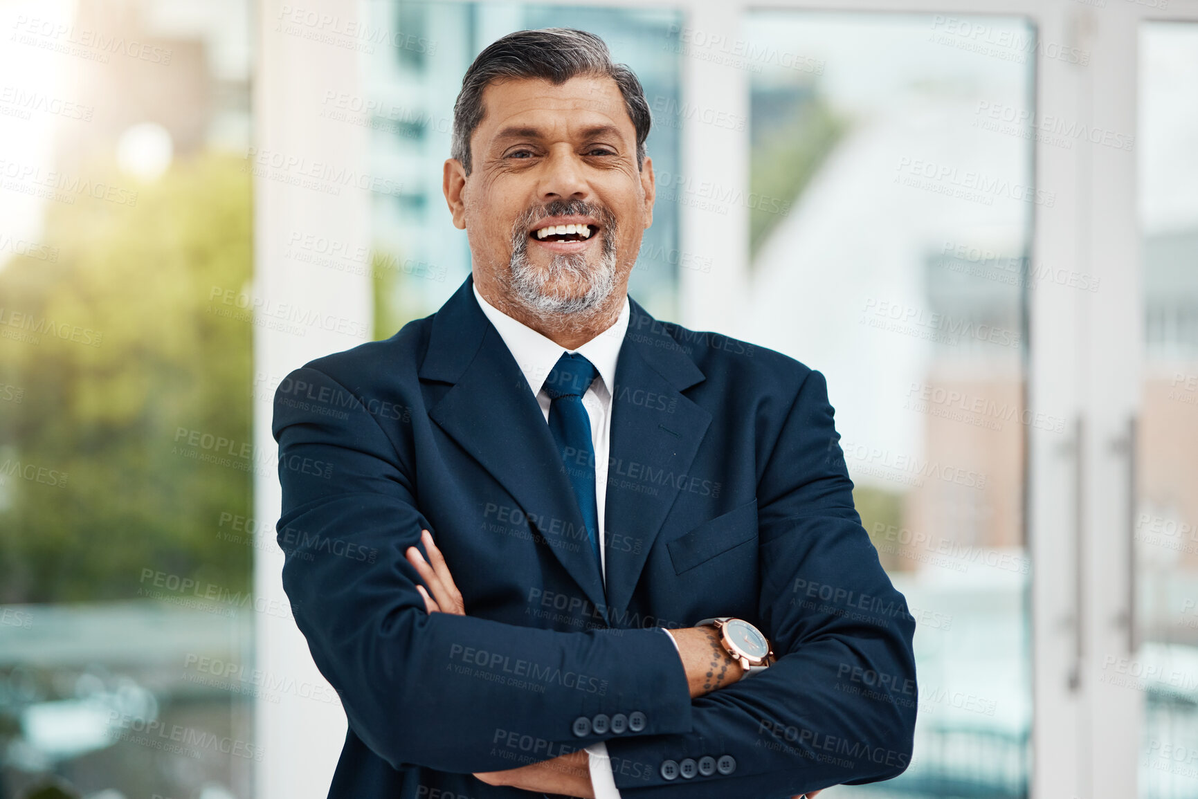 Buy stock photo Pride, portrait and a mature businessman with arms crossed for office or company management. Smile, work and a corporate employee with confidence, happiness and professional mindset for executive job