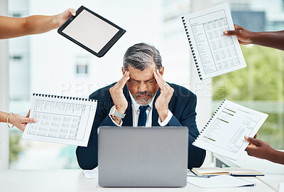 Buy stock photo Headache, chaos and business man or manager stress for documents, tablet crisis and accounting problem. People hands, taxes and laptop of tired CEO for multitask, digital mockup and brain fog or pain