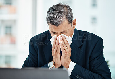 Buy stock photo Mature business man, blowing nose and sick with allergy, covid or virus in company office. Professional, tissue paper and manager with allergies for health problem, cold fever and bacteria in winter