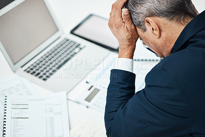 Buy stock photo Headache, laptop and business man stress in financial crisis, report or stock market crash of documents review. Pain, frustrated or sad executive, CEO or person for online accounting or taxes mistake