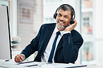 Portrait, call center and mature man with smile for business, customer service and listening for support. Face, telemarketing and happy professional, sales agent and entrepreneur working at help desk