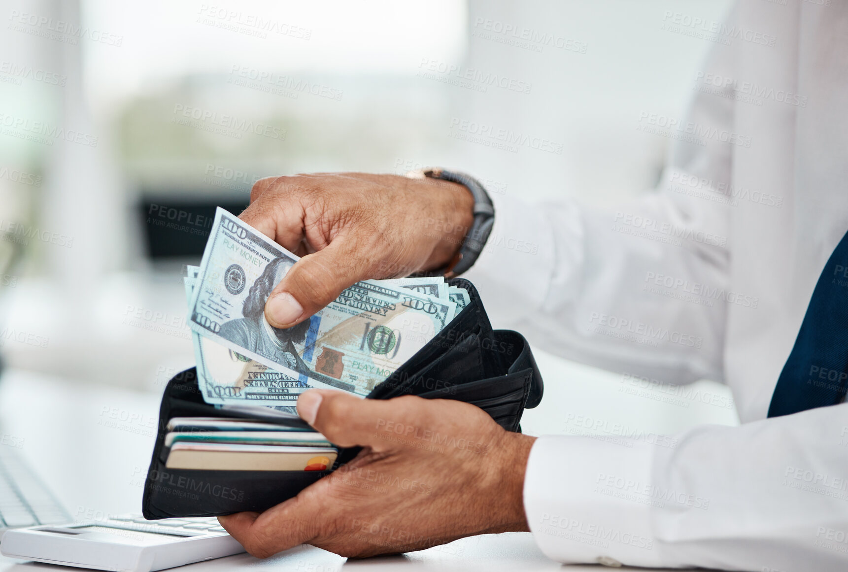 Buy stock photo Business man, hands and wallet of dollars for finance, economy and banking investment. Closeup, rich worker and financial money, salary and income bills of budget, savings and accounting of payment