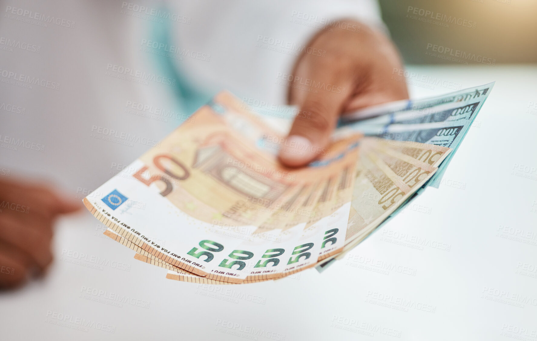 Buy stock photo Hands of person, money fan and cash of finance, banking and trading exchange of financial freedom. Closeup of rich investor, profit and income of bonus economy, savings and wealth of accounting bills