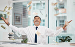 Happy senior businessman, money rain and celebration for financial freedom, lottery or salary at office. Excited mature man with smile for winning cash, lottery or growth on investment and savings