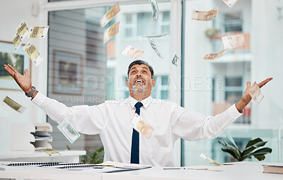 Buy stock photo Happy senior businessman, money rain and celebration for financial freedom, lottery or salary at office. Excited mature man with smile for winning cash, lottery or growth on investment and savings